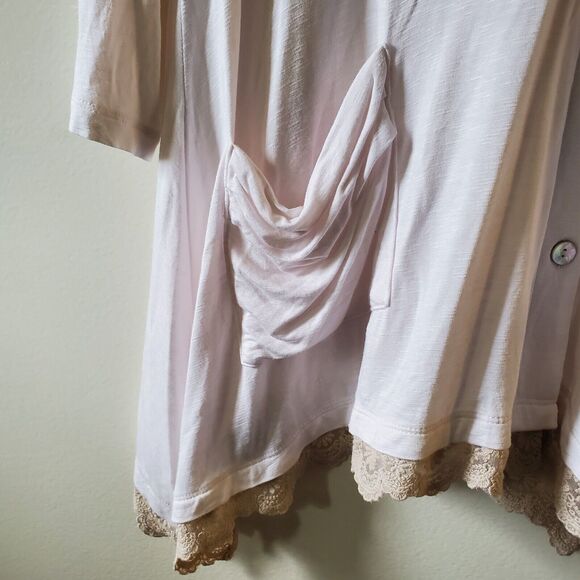 Logo Womans Blouse Ivory Rayon Solid Tunic Pockets Button Up Gray Lace Trim Sz L - Picture 3 of 12